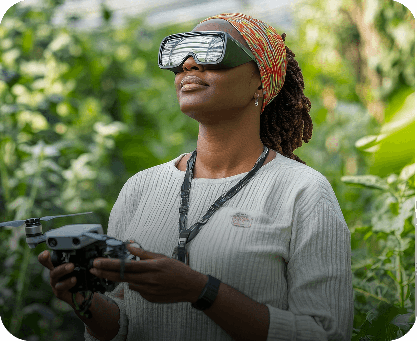Woman with VR headset in agricultural setting